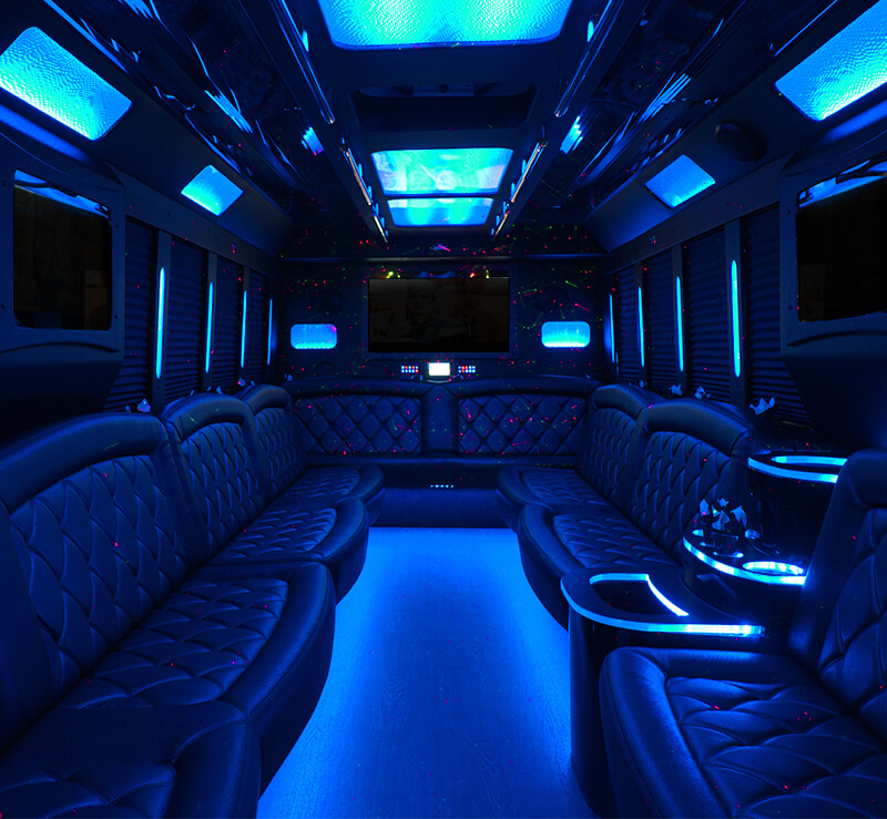 Party bus rental with floor lights